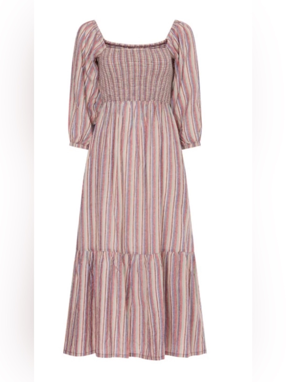 Marine Layer XL Smocked Stripe dress Puff Sleeve Linen Blend Cottagecore Coastal
